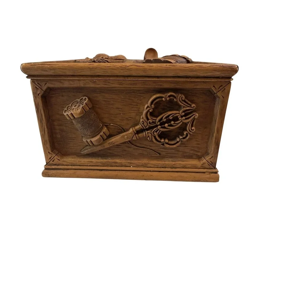 Vintage Wasa Resin Sewing Box Faux Wood Relief Carved Notions Organizer Chest